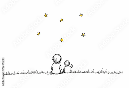 Illustration of Two Figures Sitting on Grass Gazing at the Starry Sky with Minimalistic Design and Emphasis on Childlike Wonder and Innocence