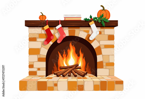 Cozy Brick Fireplace with Hanging Stockings and Burning Logs, Accented by Pumpkins and Holly for a Warm Festive Atmosphere