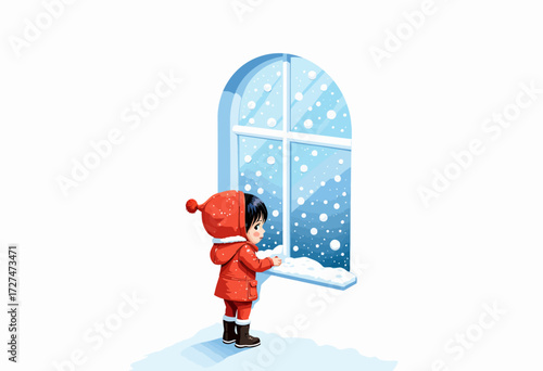 Child in red winter coat standing by arched window, gazing at snowflakes falling outside, creating a serene and magical winter wonderland atmosphere