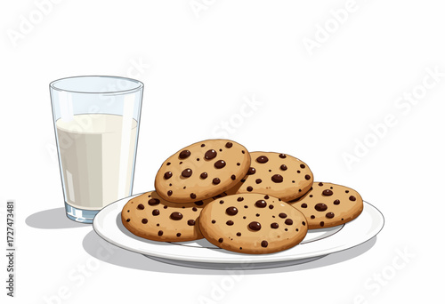 Plate of Chocolate Chip Cookies Next to a Glass of Milk on a White Background Illustrating a Classic Sweet Dessert Snack Scene