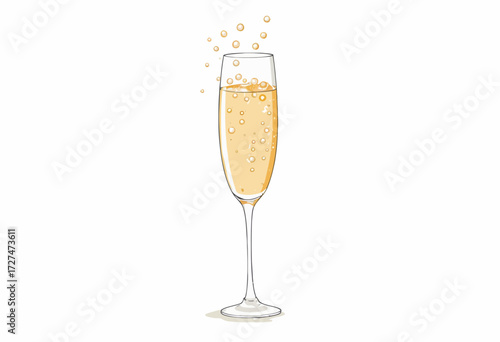 Elegant Illustration of a Tall Glass of Sparkling Champagne with Effervescent Bubbles in a Minimalistic Style on a Plain White Background