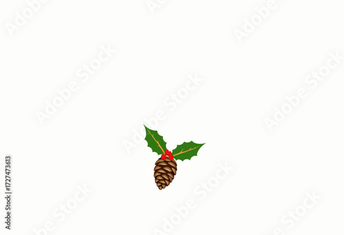 Festive Holiday Image Featuring a Pine Cone with Holly Leaves and Berries on a White Background