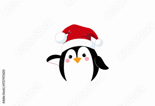 Cute penguin dressed in a festive Santa hat spreading holiday cheer with an adorably cheerful expression against a clean white background