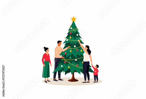 Family Enjoys Festive Holiday Tradition by Decorating Christmas Tree with Lights, Ornaments, and Star Topper in Warm, Joyful Atmosphere