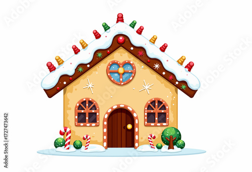 Charming Gingerbread House with Icing Roof, Colorful Candy Decorations, and Festive Holiday Theme Perfect for Christmas Celebrations and Winter Joy