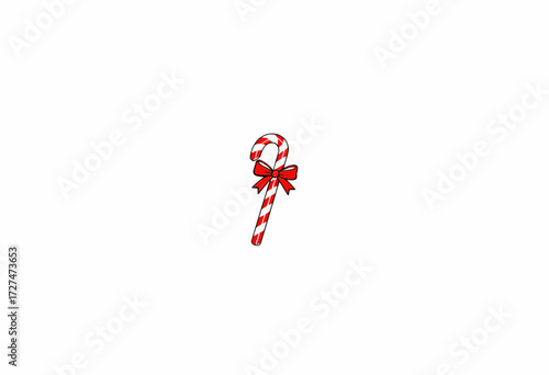 Festive Illustration of a Striped Red and White Candy Cane Ornament Adorned with a Decorative Bow on a Minimalistic White Background