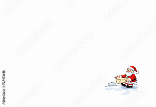Illustration of Santa Claus joyfully checking his list against a serene white background, emphasizing the simplicity and festive anticipation of the holiday season