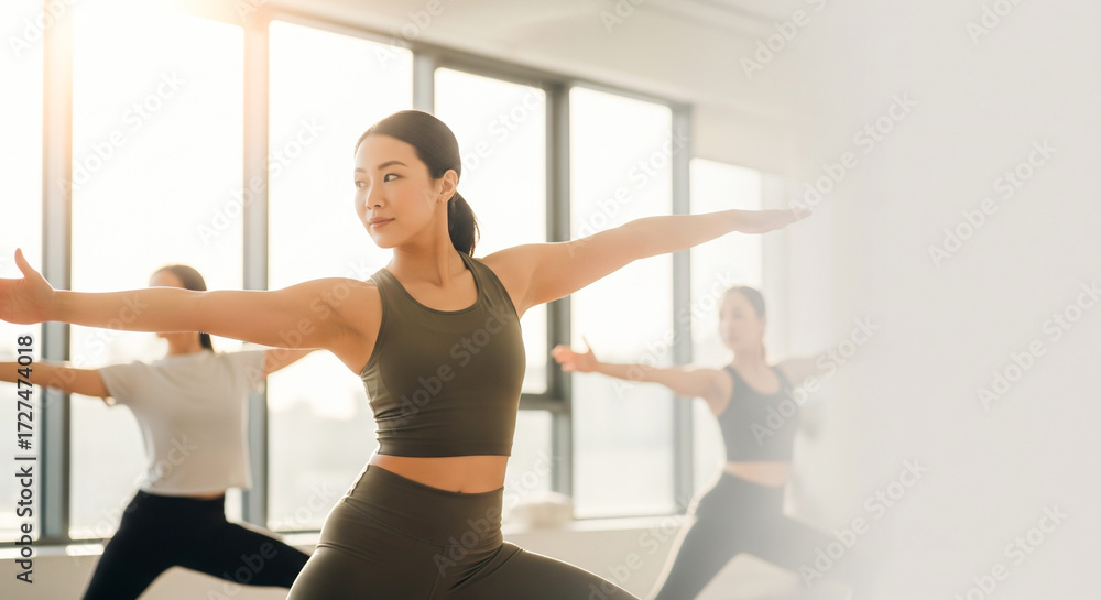 Naklejka premium Concentrated Asian women in yoga class performing warrior pose in sunlit studio