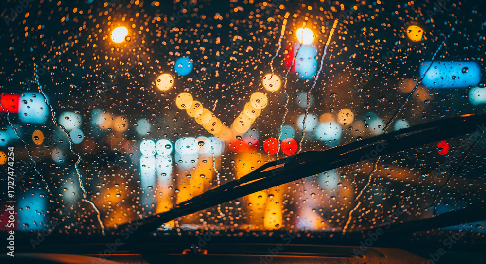 Obraz premium Driving in a rainy night, blurred city lights through wet windshield evokes a cozy, nostalgic mood.