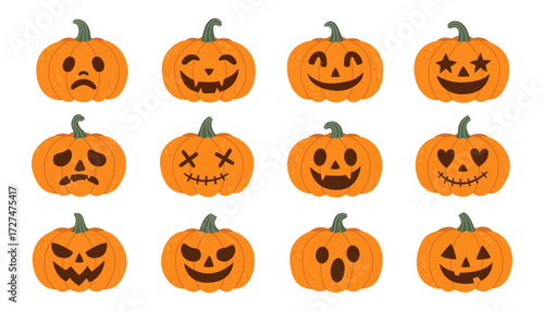 Halloween pumpkin faces collection with carved jack o lanterns in different expressions spooky funny cute designs for festive autumn decoration