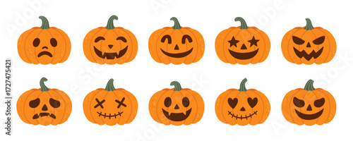 Halloween carved pumpkins set featuring jack o lantern faces with spooky funny cute expressions for autumn celebration festive decoration and seasonal creative design projects