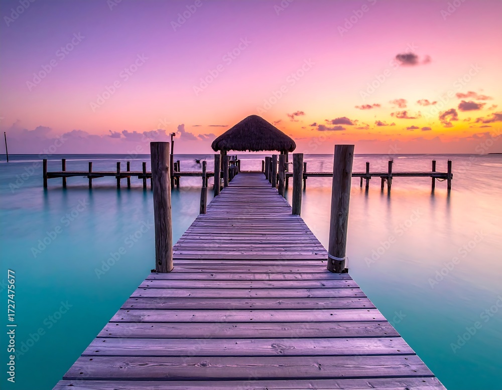Obraz premium Serene sunrise over a tranquil wooden pier (1)