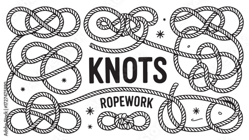 Collection of various rope knots vector illustration of nautical ropework isolated on white background
