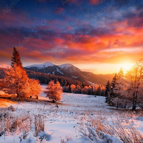 Evening landscape lit by the first snow of winter; beautiful, stunning and wild landscape photography during sunset time on mountains