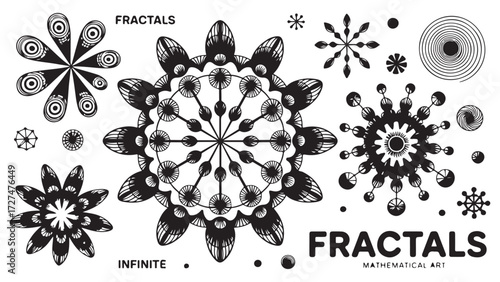 Collection of fractal patterns infinite mathematical art in black and white vector illustration