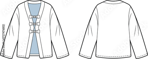 Fashion flat sketch of women’s kimono cardigan jacket with front bow tie closure long sleeve open front garment template front back