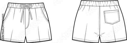 Front and back elastic waist drawstring shorts vector illustration, casual unisex summer fashion flat sketch apparel design template clothing mockup