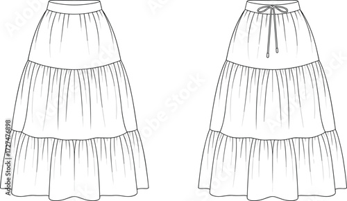 Long tiered skirt fashion flat sketch, front and back view, women’s clothing design template, casual apparel illustration, vector style mockup