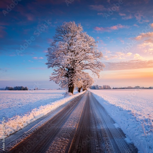 Evening view with beautiful natural winter snow tree in the countryside field on road path to horizon, landscape photography 