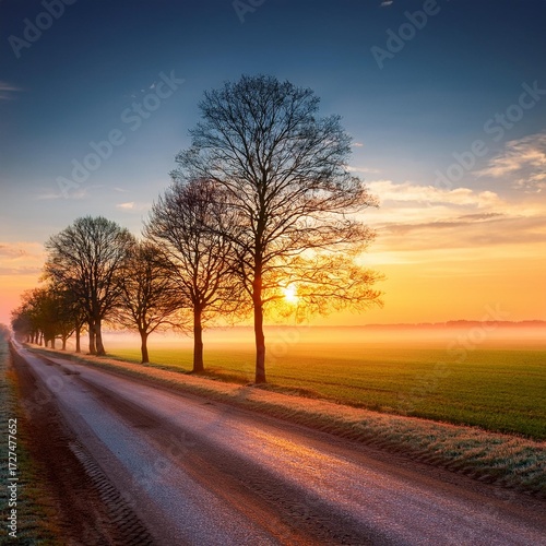 Evening view with beautiful natural winter trees in a rural field on a road leading to the horizon, landscape photography of summer sunset during sunrise 