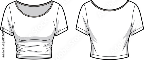 Women’s stylish ruched crop top front and back vector illustration, blank white short sleeve fashion flat sketch apparel design template