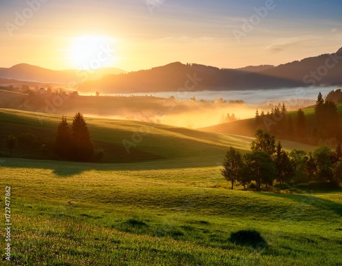 Landscape image over a green field lit by orange and sunlight in beautiful magical light, 