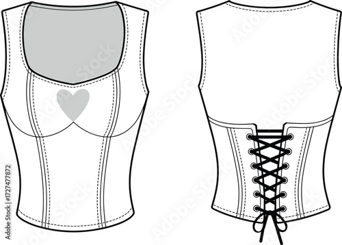 Women's fashion corset top with heart detail, front bust seam, back lace-up closure, technical flat sketch, vector apparel design
