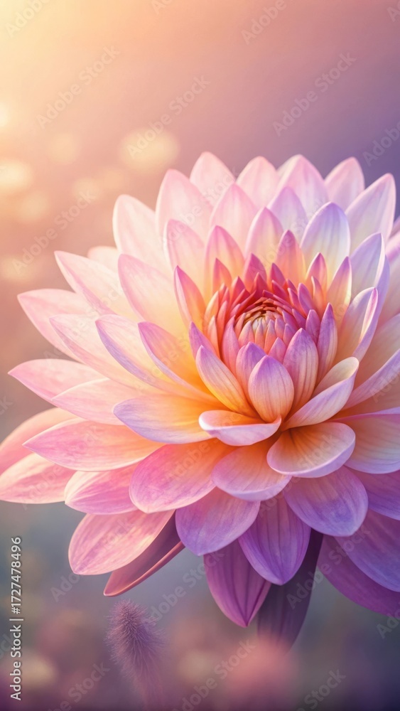 Fototapeta premium Closeup of a dahlia flower with soft pink and yellow petals, creating a dreamy and romantic atmosphere
