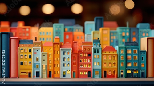 Colorful houses creative real estate housing community concept. Charming Miniature Village Model Displayed on a Shelf with Nostalgic Atmosphere and Dreamy Colors