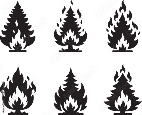 Vector art of burning christmas tree collection a set of six christmas trees engulfed in flames, symbolizing destruction or a unique holiday theme, ideal for conceptual designs on