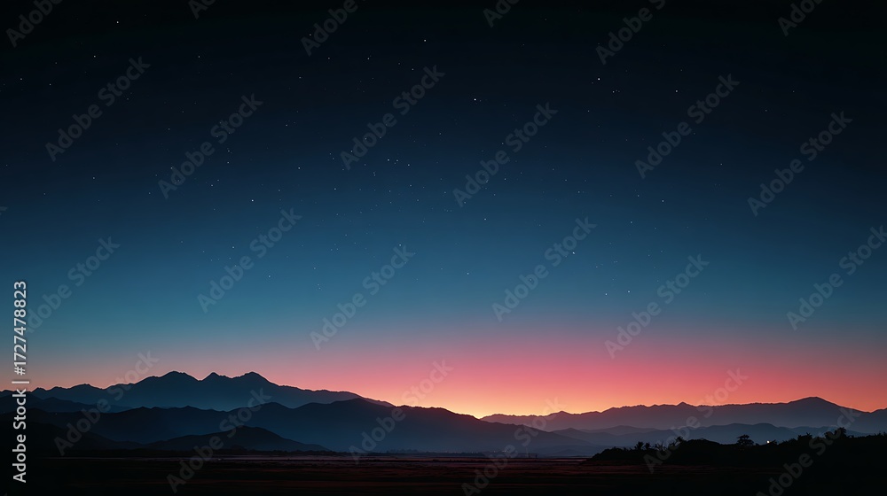 Naklejka premium Stunning Night Landscape with Starry Sky and Colorful Horizon at Dusk