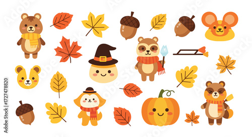 Adorable Autumn Forest Animals and Fall Elements Collection with Pumpkins, Acorns, and Leaves