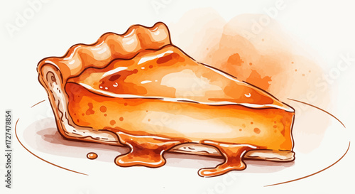 Appetizing Watercolor Illustration of a Golden Pumpkin Pie Slice Drizzled with Rich Caramel Sauce