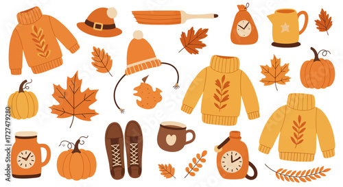 Cozy Autumn Essentials Collection with Sweaters, Pumpkins, and Fall Leaves Illustrations