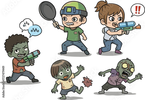 Cartoon zombie apocalypse illustration with kids survivors, water guns, frying pan weapon, playful undead attack, humorous horror scene, children adventure