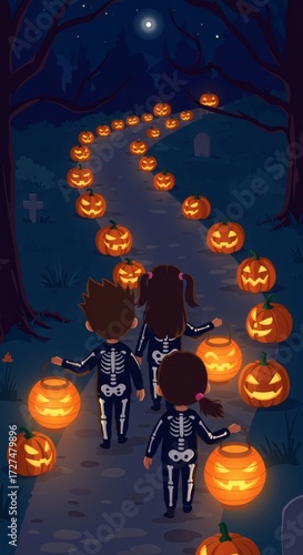 Children dressed as skeletons walk pumpkinlit path through spooky dark halloween night. Perfect for halloweenthemed designs and spooky seasonal projects.