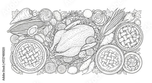 Traditional Thanksgiving Feast Line Art Illustration with Roasted Turkey, Pies, and Harvest