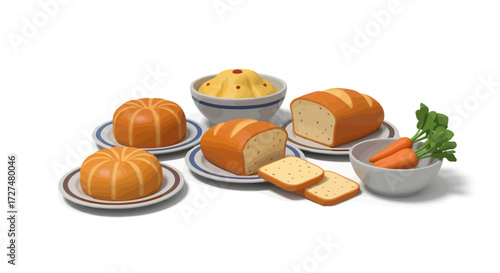 Nutritious Assortment of Fresh Bread Loaves, Hearty Mashed Potatoes, and Garden Carrots