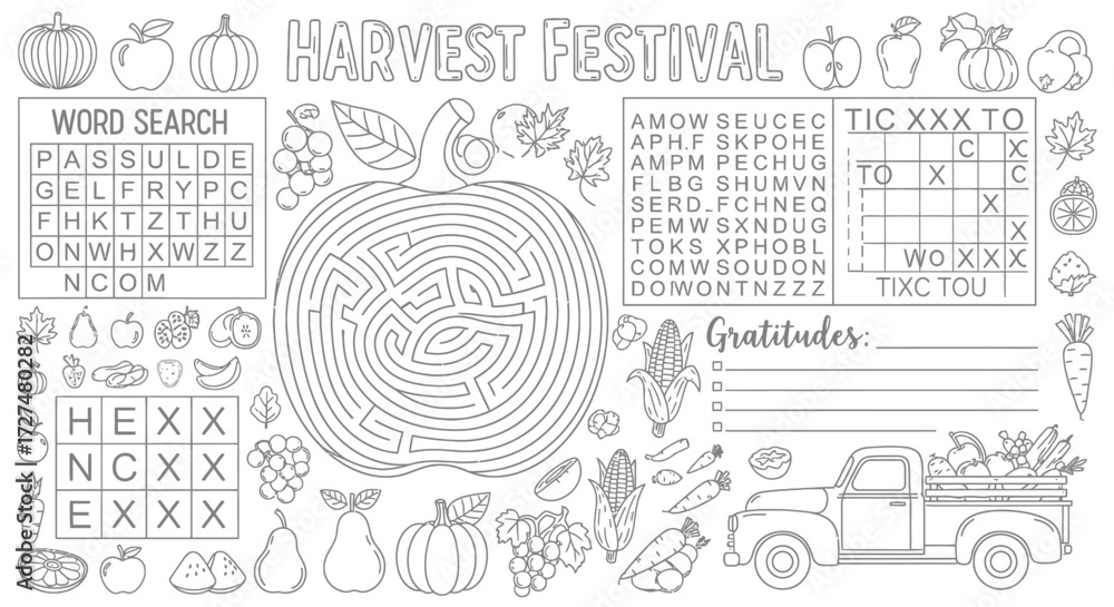 Fototapeta premium Engaging Harvest Festival Activity and Coloring Page with Puzzles, Maze, and Gratitude Section