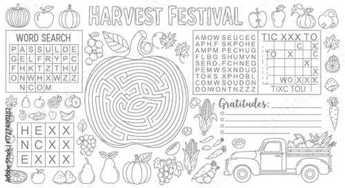 Engaging Harvest Festival Activity and Coloring Page with Puzzles, Maze, and Gratitude Section