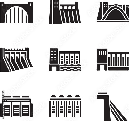 Vector art of diverse collection of dam icons, showcasing various dam structures, including hydroelectric, arch, and gravity dams, perfect for engineering, energy, and infrastructure projects on