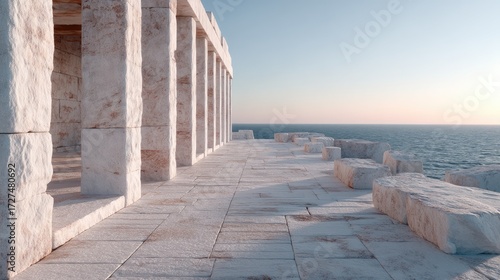 Ancient White Stone Ruins with Columns Overlooking the Turquoise Ocean Under a Clear Sky in Bright Sunlight