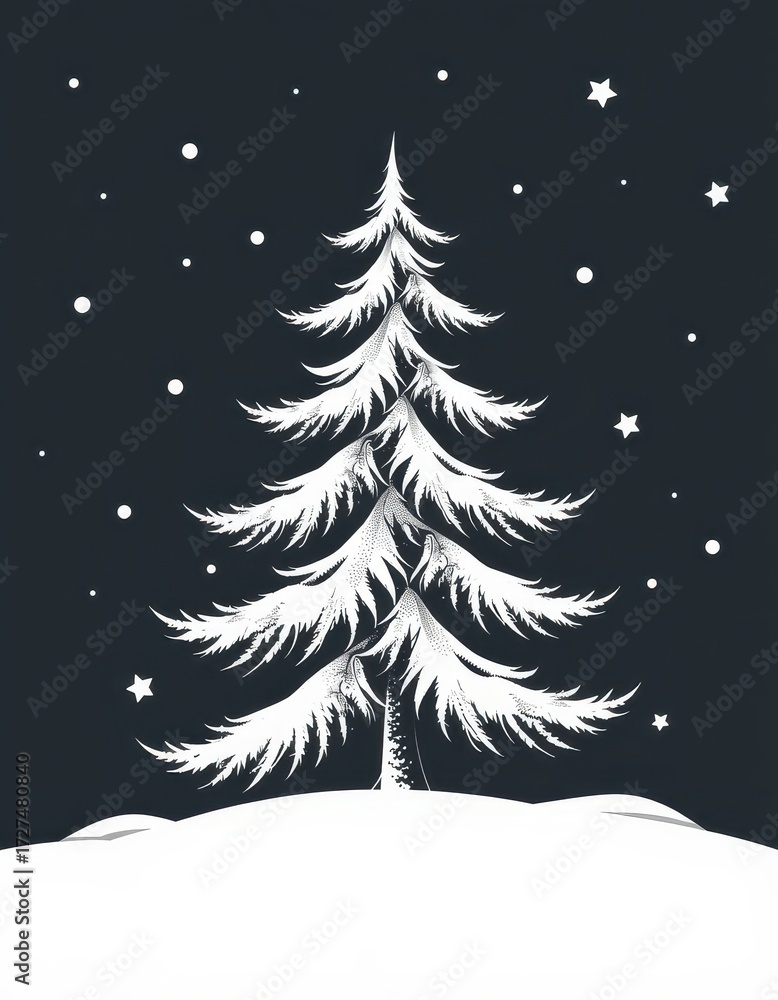 Fototapeta premium Stylized snow-dusted fir tree, minimalist winter design, isolated on white background. Perfect for holiday cards, winter decorations, or seasonal branding, stylized tree, illustration