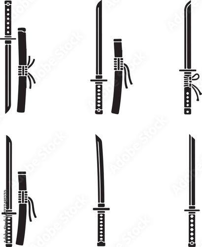 Vector art of collection of japanese katana swords a set of six silhouette illustrations depicting traditional samurai weapons with sheaths and intricate hilt designs on