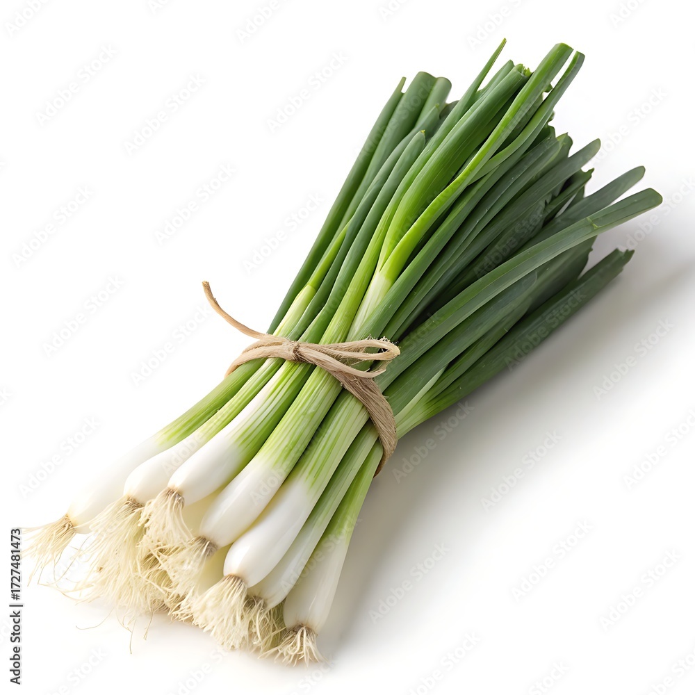 Obraz premium Fresh bunch of green onions tied with twine on a white background