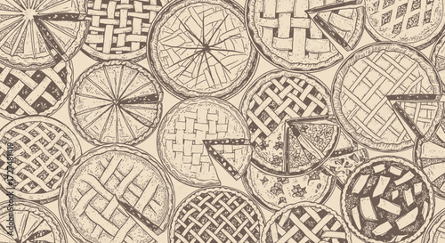 Seamless Vintage Hand-Drawn Pie Pattern: Delicious Desserts with Lattice Crusts and Slices