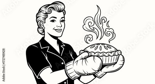 Delighted Retro Housewife in Oven Mitts Presents a Freshly Baked, Steaming Homemade Pie