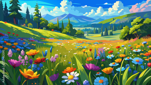 A vibrant digital impressionist painting of a summer meadow bursting with wildflowers, rendered as an image in high resolution, captures glowing colors, textured strokes, soft light, and timeless 