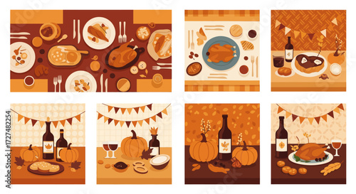 Collection of Thanksgiving and autumn harvest feast illustrations with turkeys, pumpkins,