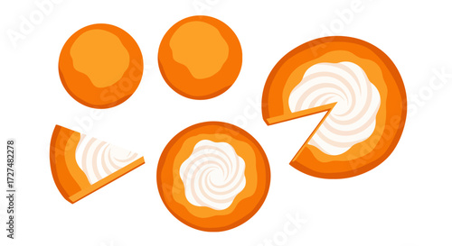 Delicious orange round cakes and slices with creamy white swirl frosting, vector illustration